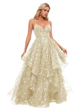 Spaghetti Strap Prom Dresses for Women V Neck Sparkly Sequin Tulle Tiered Ball Gown Long Formal Evening Dress