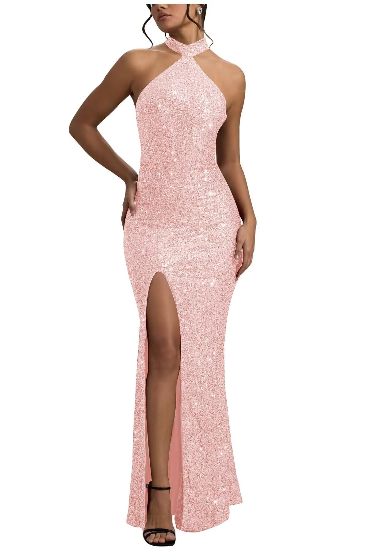 Sequin Mermaid Prom Dresses for Women Long Sparkly Halter-Neck Tight Backless Formal Evening Party Gowns with Slit