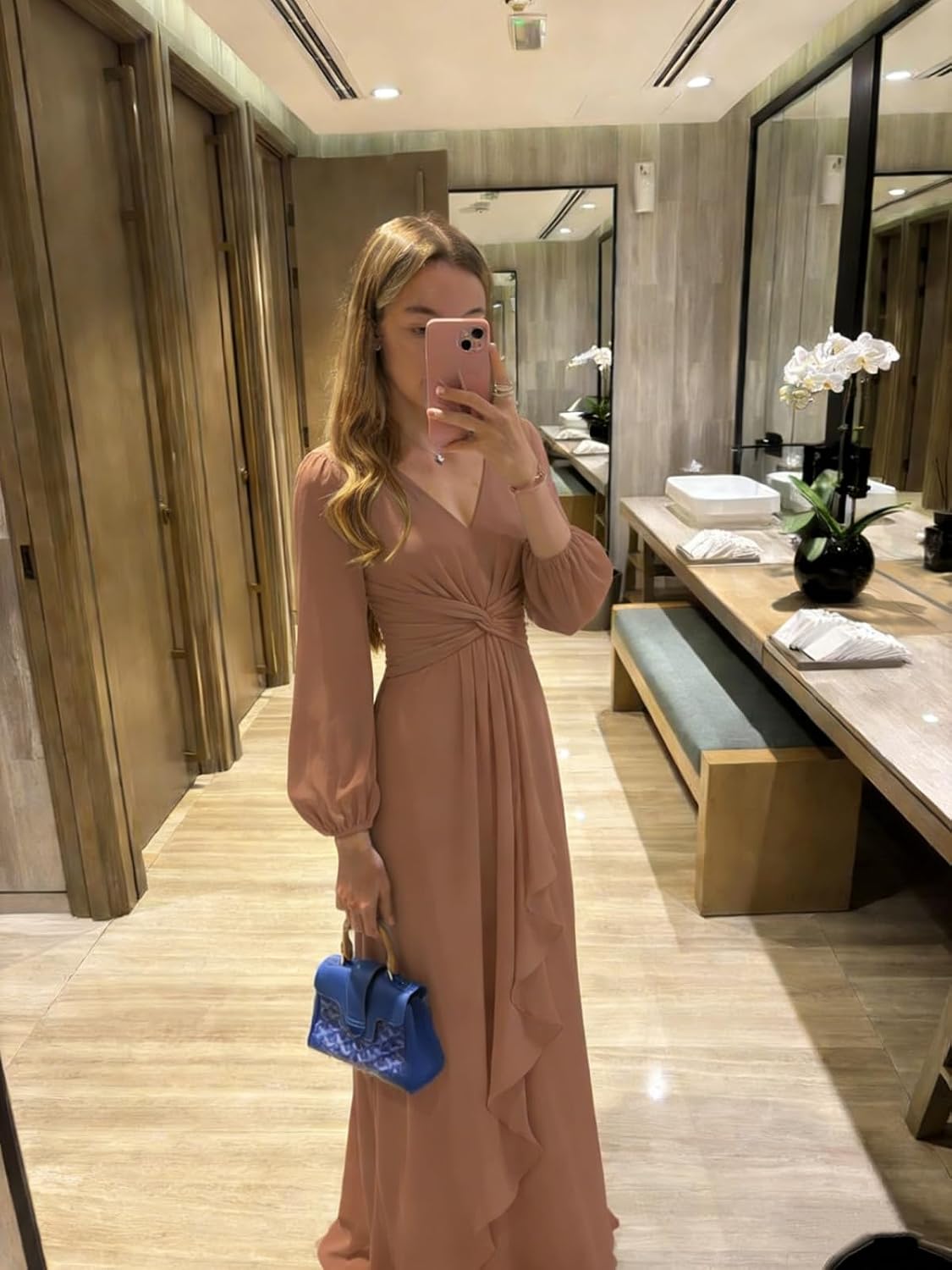 Women's Chiffon Bridesmaid Dresses Long Sleeve Ruffles V-Neck Pleated Formal Wedding Guest Dresses Mother of the bride Dress