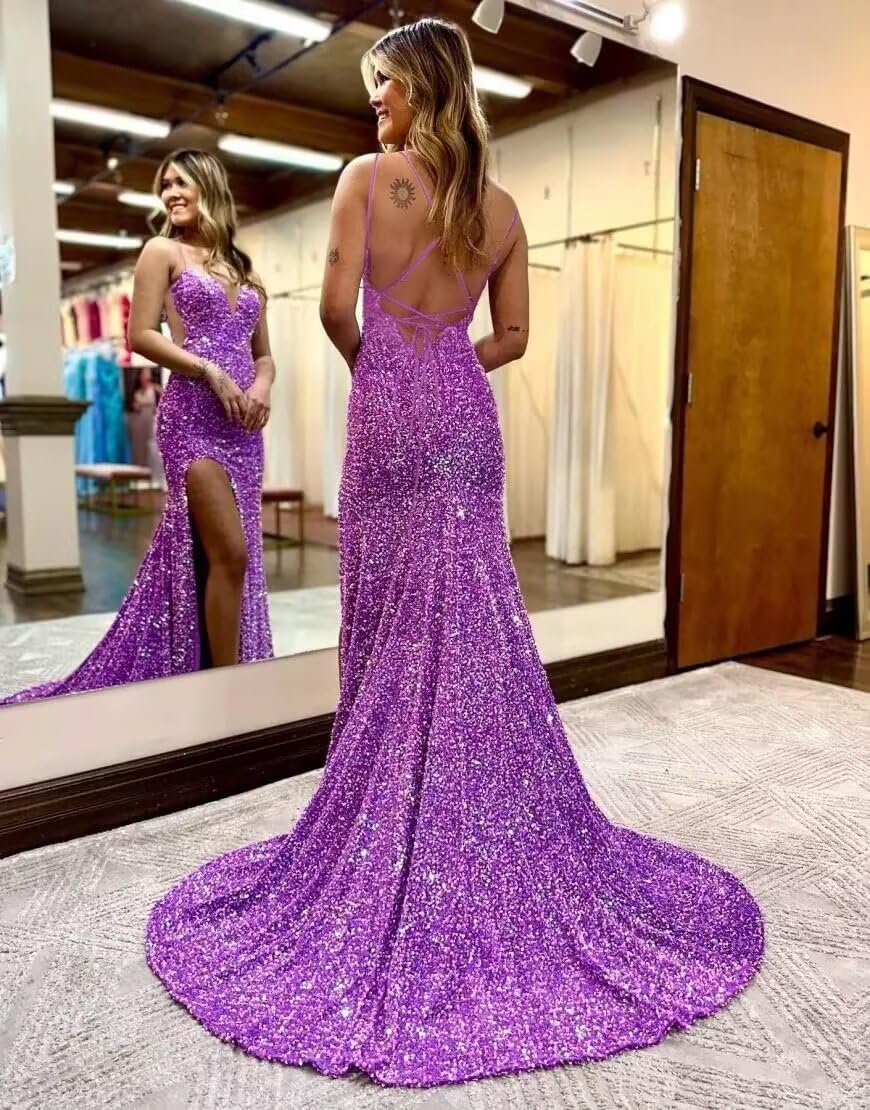 Sparkly Mermaid Sequin Prom Dresses for Women Long Spaghetti Straps V-Neck Formal Evening Party Gowns with Slit