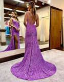 Sparkly Mermaid Sequin Prom Dresses for Women Long Spaghetti Straps V-Neck Formal Evening Party Gowns with Slit