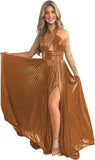 Vestido de fiesta de satén metálico brillante con abertura para mujer, vestido formal de noche plisado con cuello halter 