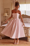 Strapless Satin Tea Length Prom Dresses for Women 2027 A-Line Corset Backless Cocktail Bridesmaid Dress with Pocket