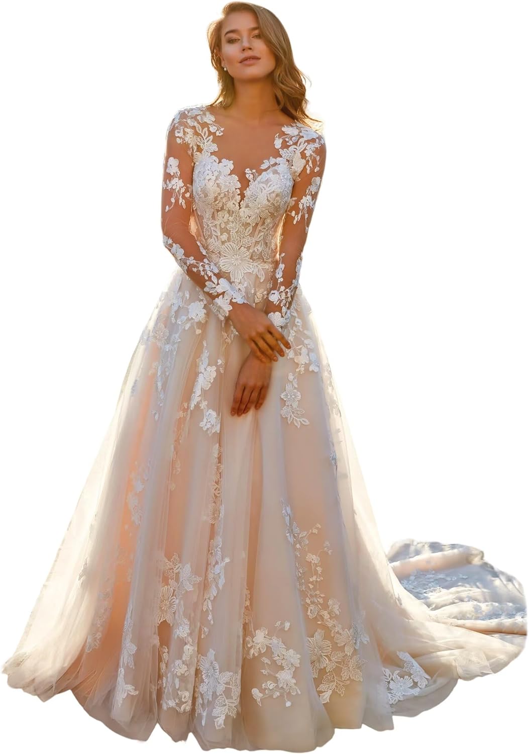 Women's Elegant Lace Beach Wedding Dresses for Bride 2025 with Sleeves Wedding Bridal Gowns
