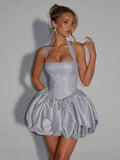 Satin Halter Homecoming Dresses for Teens Short Glitter A-Line Prom Dress Bubble Mini Formal Cocktail Party Gowns