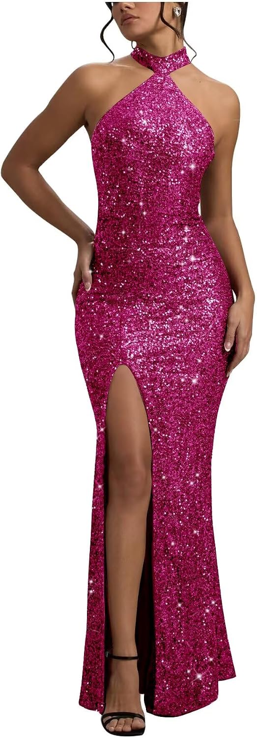 Sequin Mermaid Prom Dresses for Women Long Sparkly Halter-Neck Tight Backless Formal Evening Party Gowns with Slit