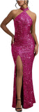 Sequin Mermaid Prom Dresses for Women Long Sparkly Halter-Neck Tight Backless Formal Evening Party Gowns with Slit