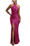 Sequin Mermaid Prom Dresses for Women Long Sparkly Halter-Neck Tight Backless Formal Evening Party Gowns with Slit