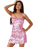 Womens Sequin Square Neck Homecoming Dresses for Teens Sparkly Spaghetti Straps Backless Cocktail Mini Dresses