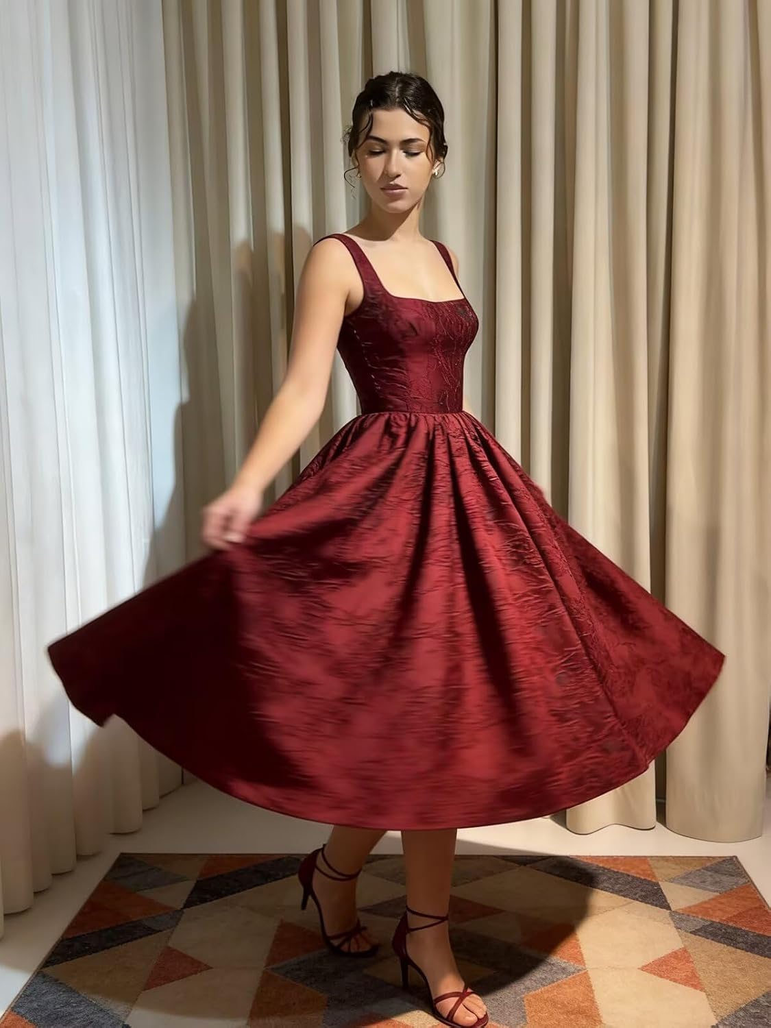 Jacquard Satin Prom Dresses 2026 Floral Square Neck Tea Length Ruched Elegant Formal Ball Gown with Pockets