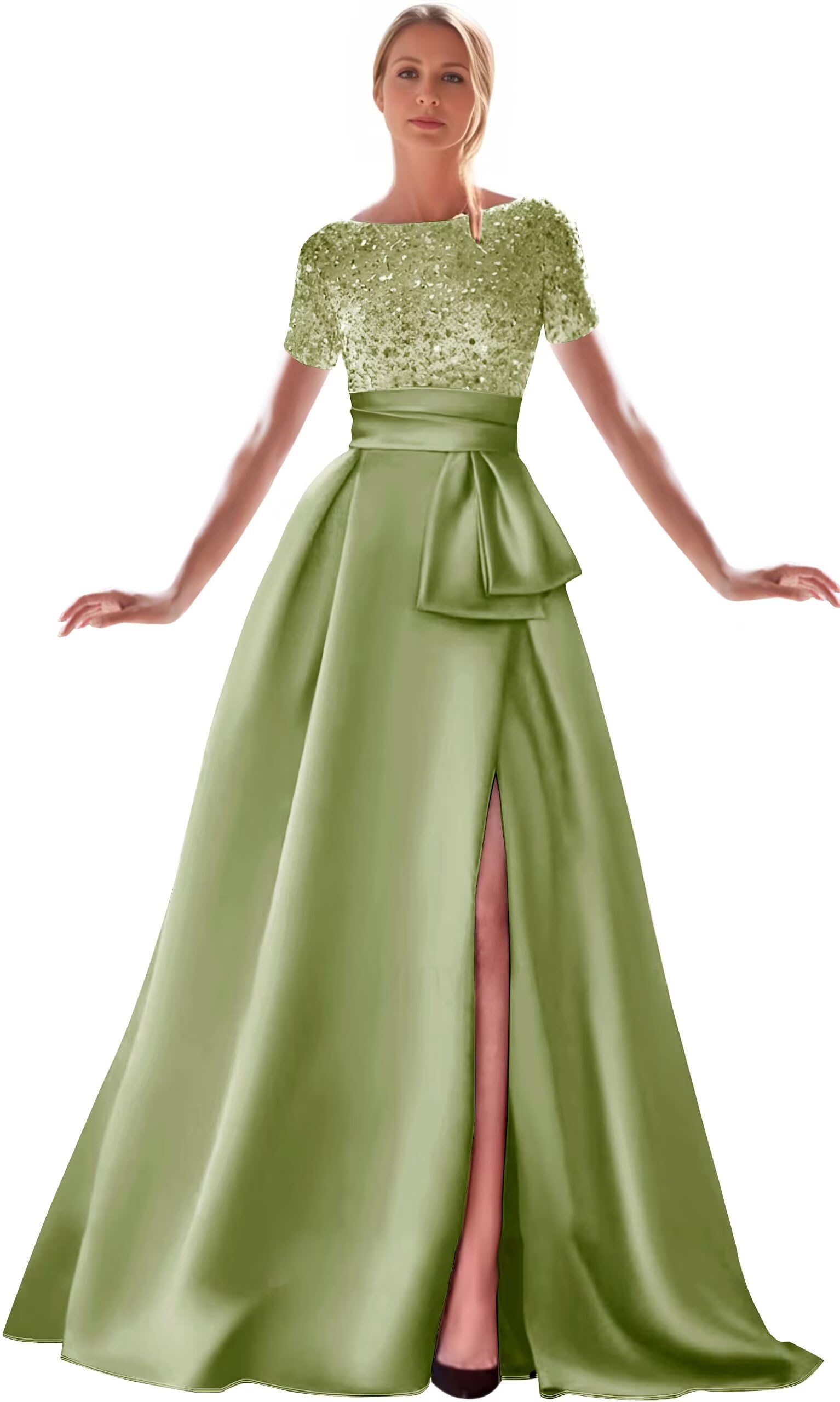 Kingbridal Gowns Short Sleeve Sequin Prom Dresses for Women 2026 Satin A-Line Sparkly Formal Evening Party Ball Gowns with Slit