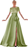 Kingbridal Gowns Short Sleeve Sequin Prom Dresses for Women 2026 Satin A-Line Sparkly Formal Evening Party Ball Gowns with Slit