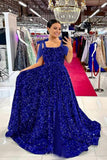 Bow Straps Prom Dresses 2026 Sparkly Sequin Square Neck Ruched Long Puffy Ball Gown Formal Dress with Slit Pockets