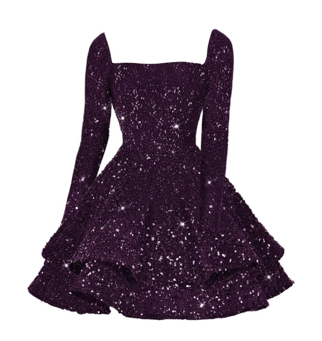 Sequin Short Homecoming Dress for Teen Sparkly Long Sleeve Prom Sweet 16 Dresses Cocktail Gowns