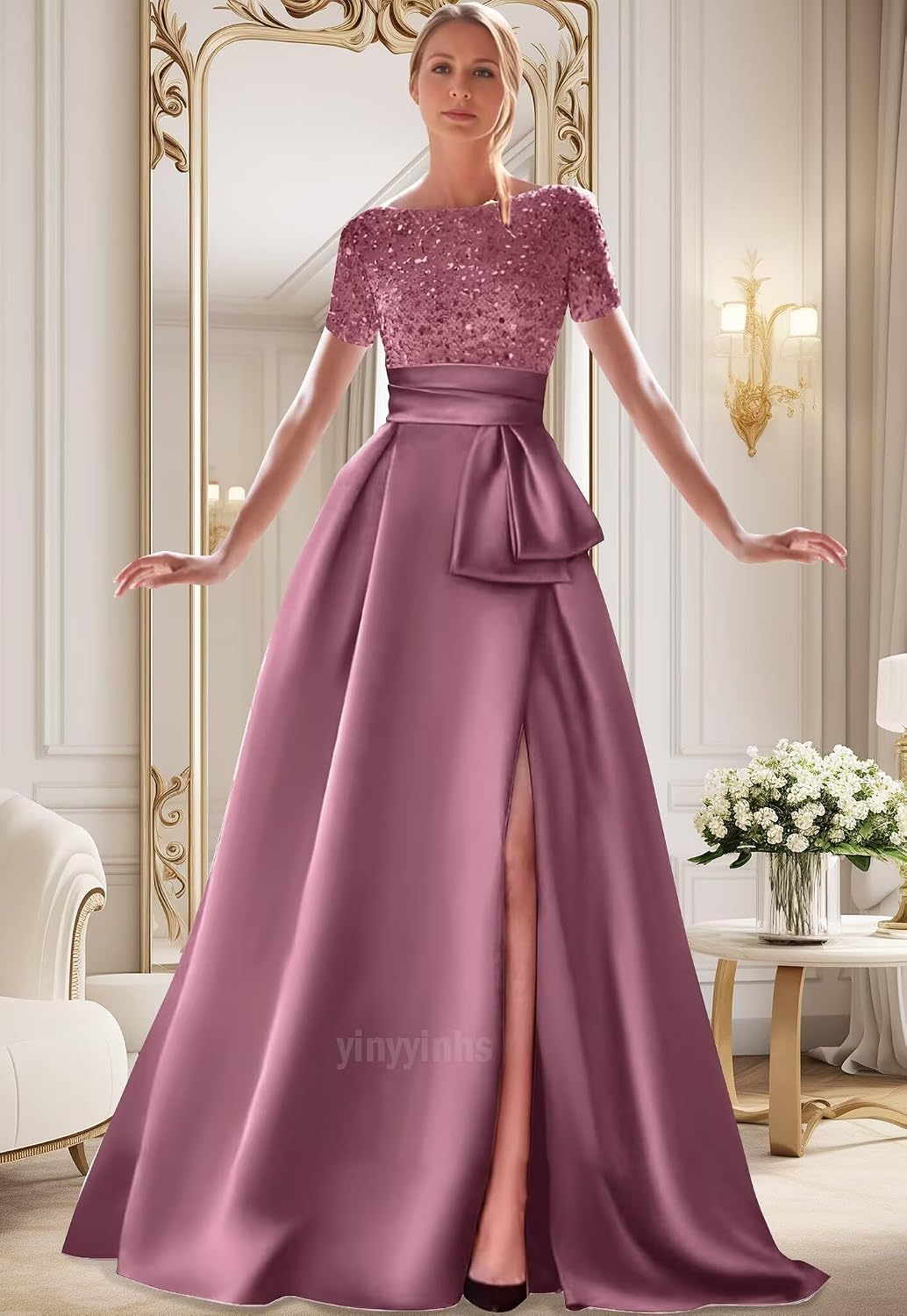Kingbridal Gowns Short Sleeve Sequin Prom Dresses for Women 2026 Satin A-Line Sparkly Formal Evening Party Ball Gowns with Slit