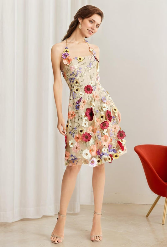 3D Floral Embroidery Prom Dresses for Women Knee Length Halter Flower Applique Tulle Semi-Formal Gown Evening Dresses