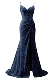 Spaghetti Straps Sequin Prom Dresses for Women 2027 Mermaid Ruched Formal Dress with Slit Sparkly Evening Party Gown
