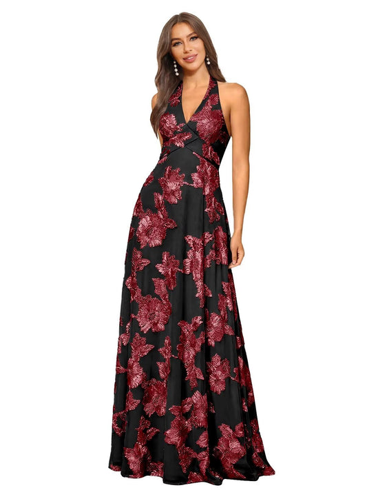 Jacquard Floral Lace Bridesmaid Dresses for Women Long A-Line Open Back Halter Formal Gown