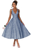 V Neck Tea Length Prom Dress for Women Satin Evening Party Gown A Line Cocktail Dress