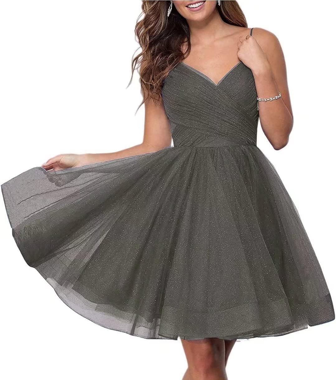 Short Homecoming Dresses Spaghetti Straps V Neck Glitter Tulle Ball Gown Short Prom Graduation Dress for Juniors