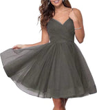 Short Homecoming Dresses Spaghetti Straps V Neck Glitter Tulle Ball Gown Short Prom Graduation Dress for Juniors
