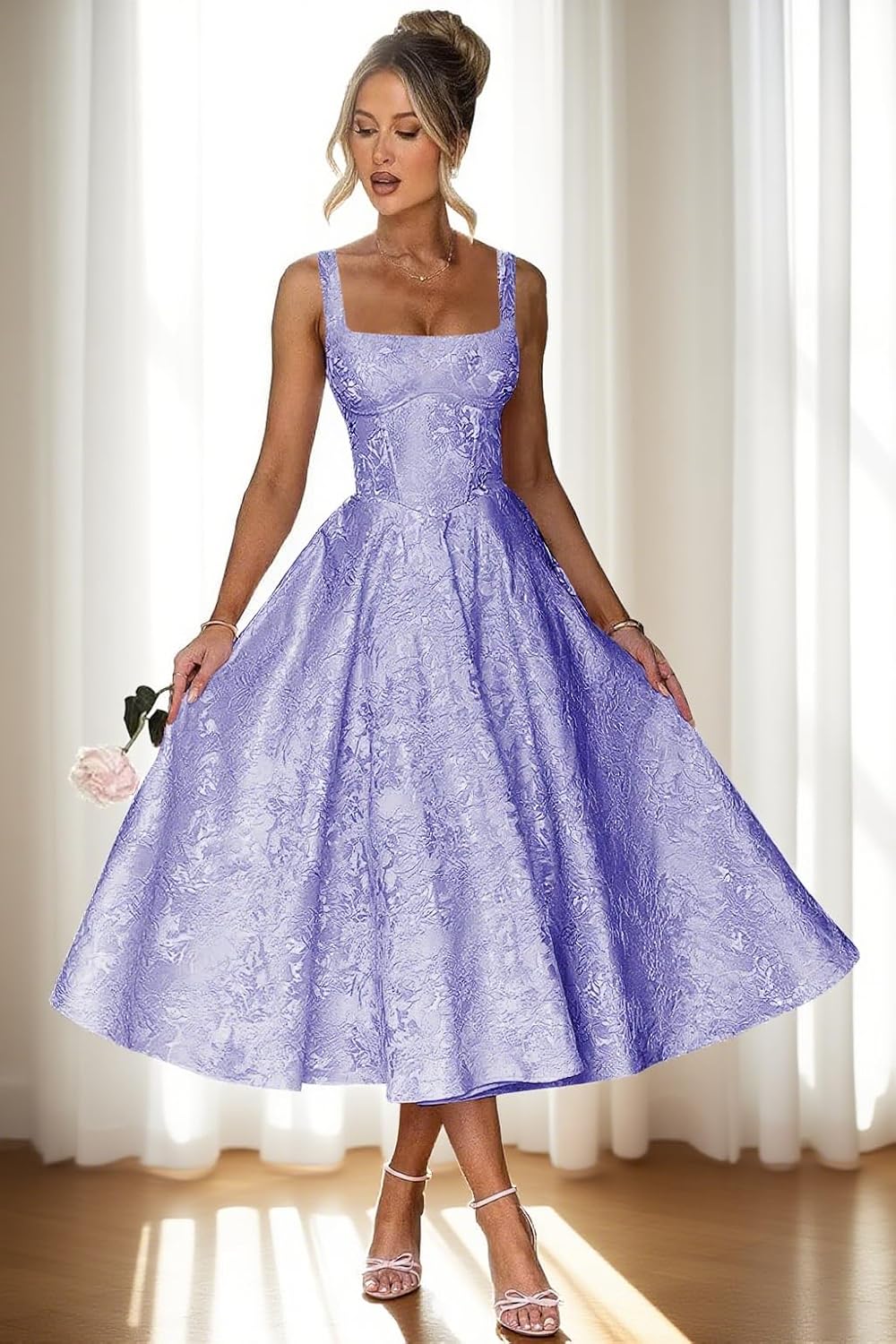 Floral Satin Jacquard Prom Dresses 2026 A-Line Tea Length Midi Square Neck Evening Party Gown with Pockets for Women