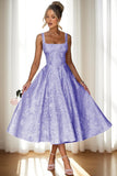 Floral Satin Jacquard Prom Dresses 2026 A-Line Tea Length Midi Square Neck Evening Party Gown with Pockets for Women