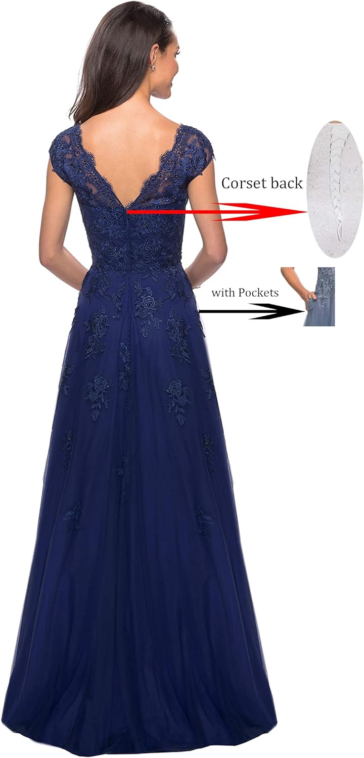 Women's V Neck Cap Sleeves Mother of The Bride Dresses Long Lace Formal Prom Evening Gowns with Pockets