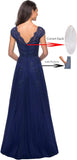 Women's V Neck Cap Sleeves Mother of The Bride Dresses Long Lace Formal Prom Evening Gowns with Pockets