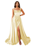 Cowl Neck Satin Prom Dresses Corset Ball Gown Long Puffy A-Line Formal Evening Gown with Slit