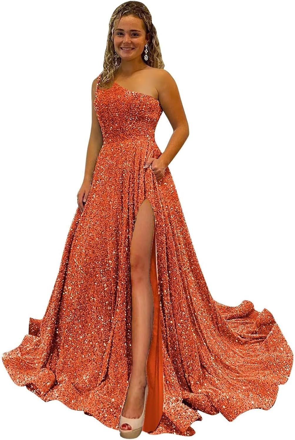 One Shoulder Sequin Prom Dresses for Women Long Sparkly A-Line Slit Formal Evening Party Ball Gowns with Pockets