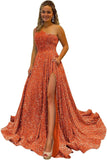One Shoulder Sequin Prom Dresses for Women Long Sparkly A-Line Slit Formal Evening Party Ball Gowns with Pockets