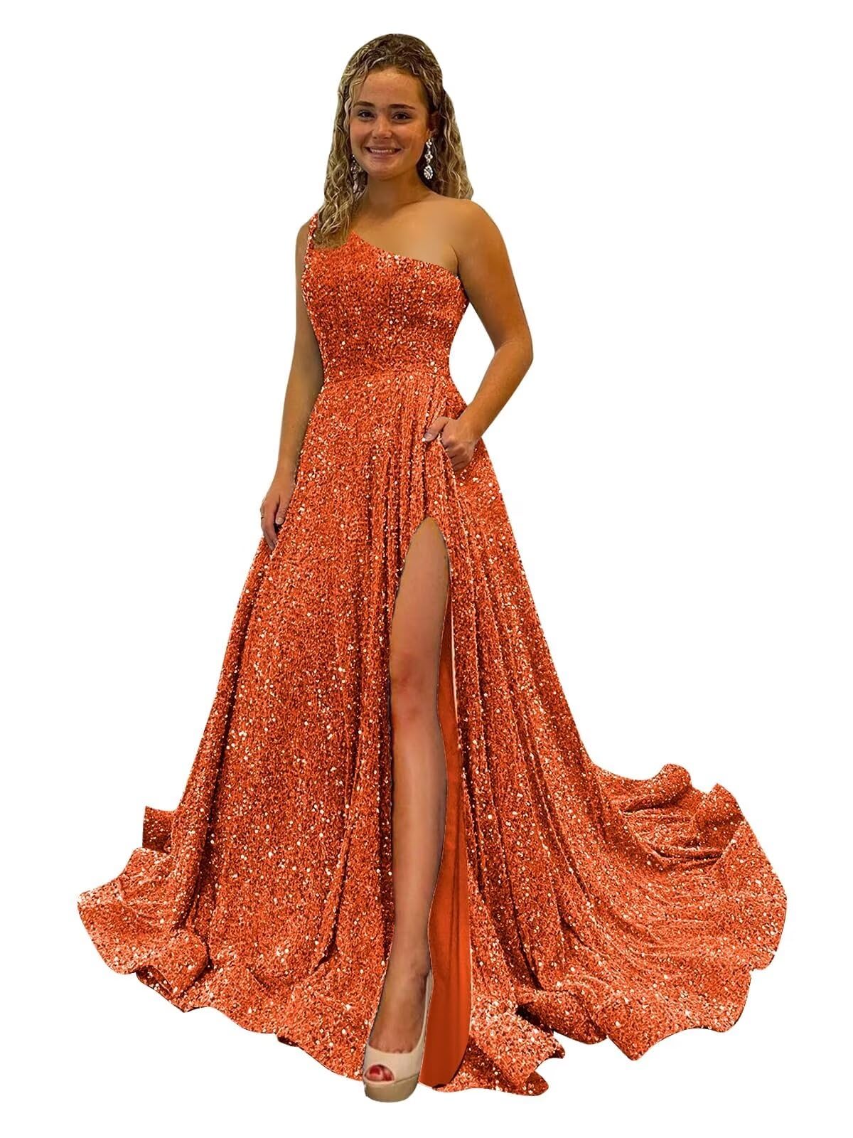 One Shoulder Sequin Prom Dresses for Women Long Sparkly A-Line Slit Formal Evening Party Ball Gowns with Pockets