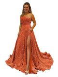 One Shoulder Sequin Prom Dresses for Women Long Sparkly A-Line Slit Formal Evening Party Ball Gowns with Pockets