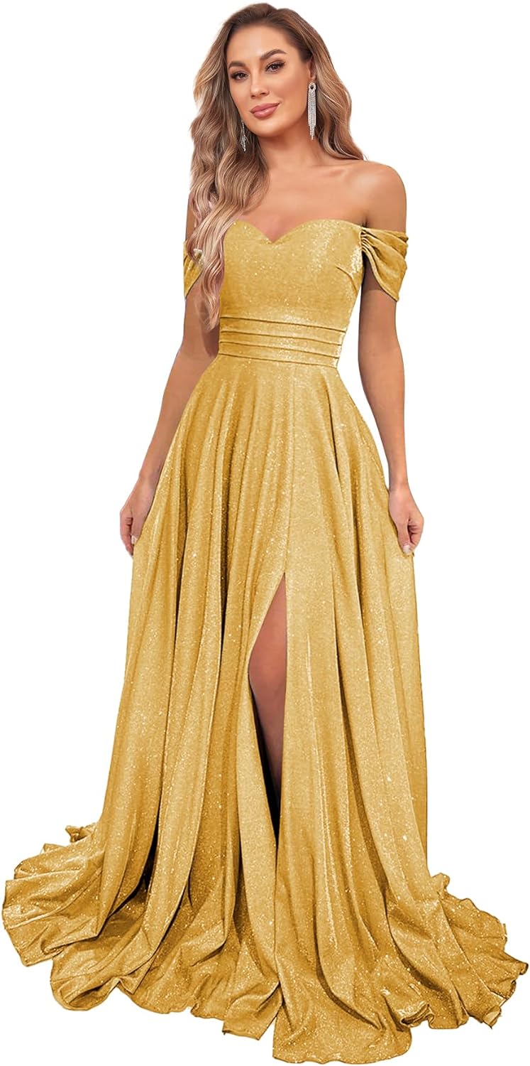 Women's Glittery Prom Dresses Long Ball Gown Off Shoulder High Slit Formal Evening Gowns with Pockets