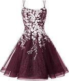 Sparkly Lace Applique Homecoming Dresses for Teens Short Corset Tulle Spaghetti Strap Prom Cocktail Party Dress