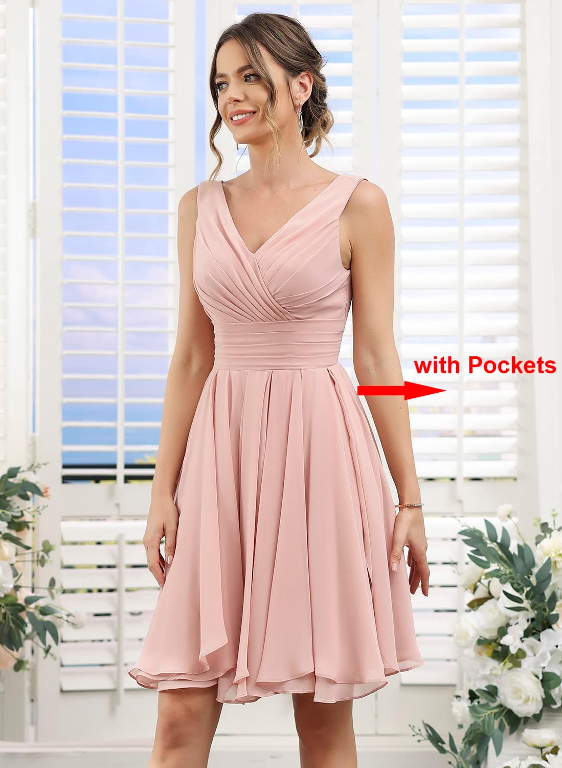 Double V Neck Short Bridesmaid Dresses for Women 2025 Chiffon A Line Formal Evening Gowns with Pockets