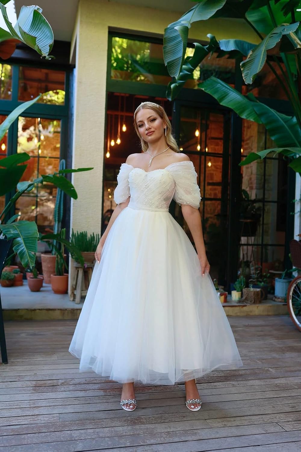 Tulle Tea Length Prom Dresses for Women Off The Shoulder Ball Gowns Teens Sweetheart Beaded Puffy Princess Dress