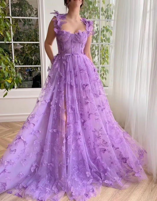 3D Butterfly Tulle Prom Dresses with Slit Fairy Ball Gown Lace Appliques Evening Formal Party Dress with Pockets Long
