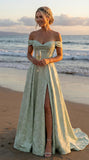 Jacquard Satin Prom Dresses Off the Shoulder Corset A Line Long Formal Gowns