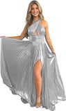 Vestido de fiesta de satén metálico brillante con abertura para mujer, vestido formal de noche plisado con cuello halter 
