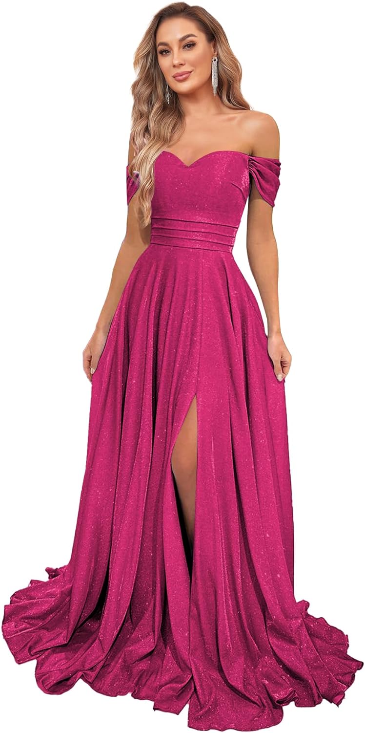 Women's Glittery Prom Dresses Long Ball Gown Off Shoulder High Slit Formal Evening Gowns with Pockets