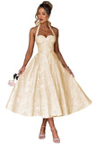 Jacquard Satin Prom Dresses for Women Vintage A-Line Midi Halter Sweetheart Formal Evening Party Gowns with Pockets