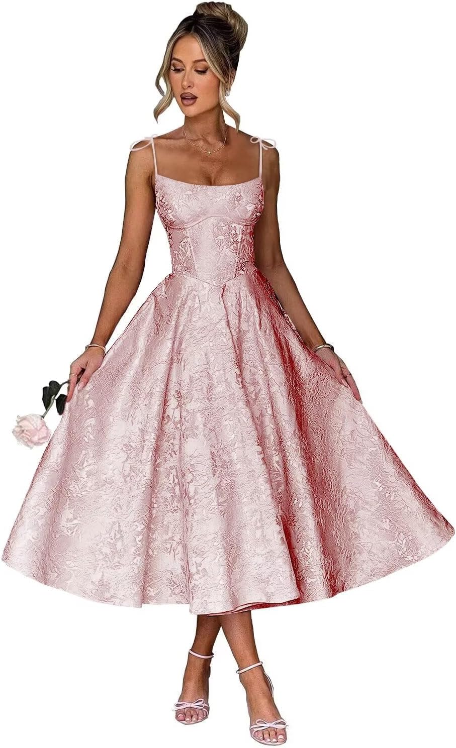 Jacquard Floral Satin Prom Dresses for Women 2026 Spaghetti Straps A-Line Midi Formal Evening Party Gown with Pockets