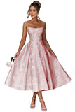 Jacquard Floral Satin Prom Dresses for Women 2026 Spaghetti Straps A-Line Midi Formal Evening Party Gown with Pockets
