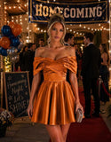 Off Shoulder Satin Homecoming Dresses for Teens 2026 Short Prom Dress A-line Pleated Cocktail Party Gowns