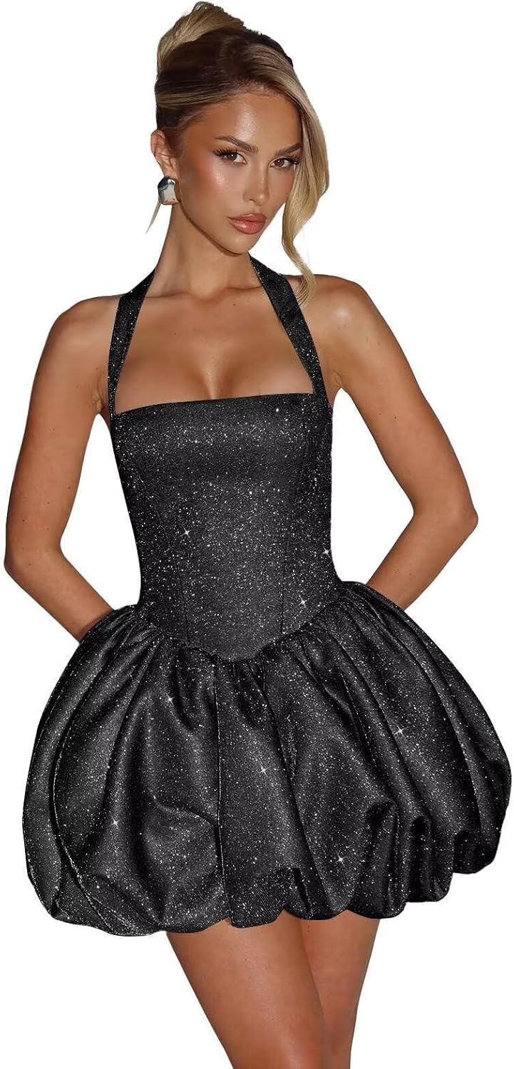 Satin Halter Homecoming Dresses for Teens Short Glitter A-Line Prom Dress Bubble Mini Formal Cocktail Party Gowns