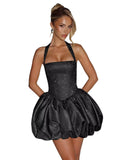 Satin Halter Homecoming Dresses for Teens Short Glitter A-Line Prom Dress Bubble Mini Formal Cocktail Party Gowns