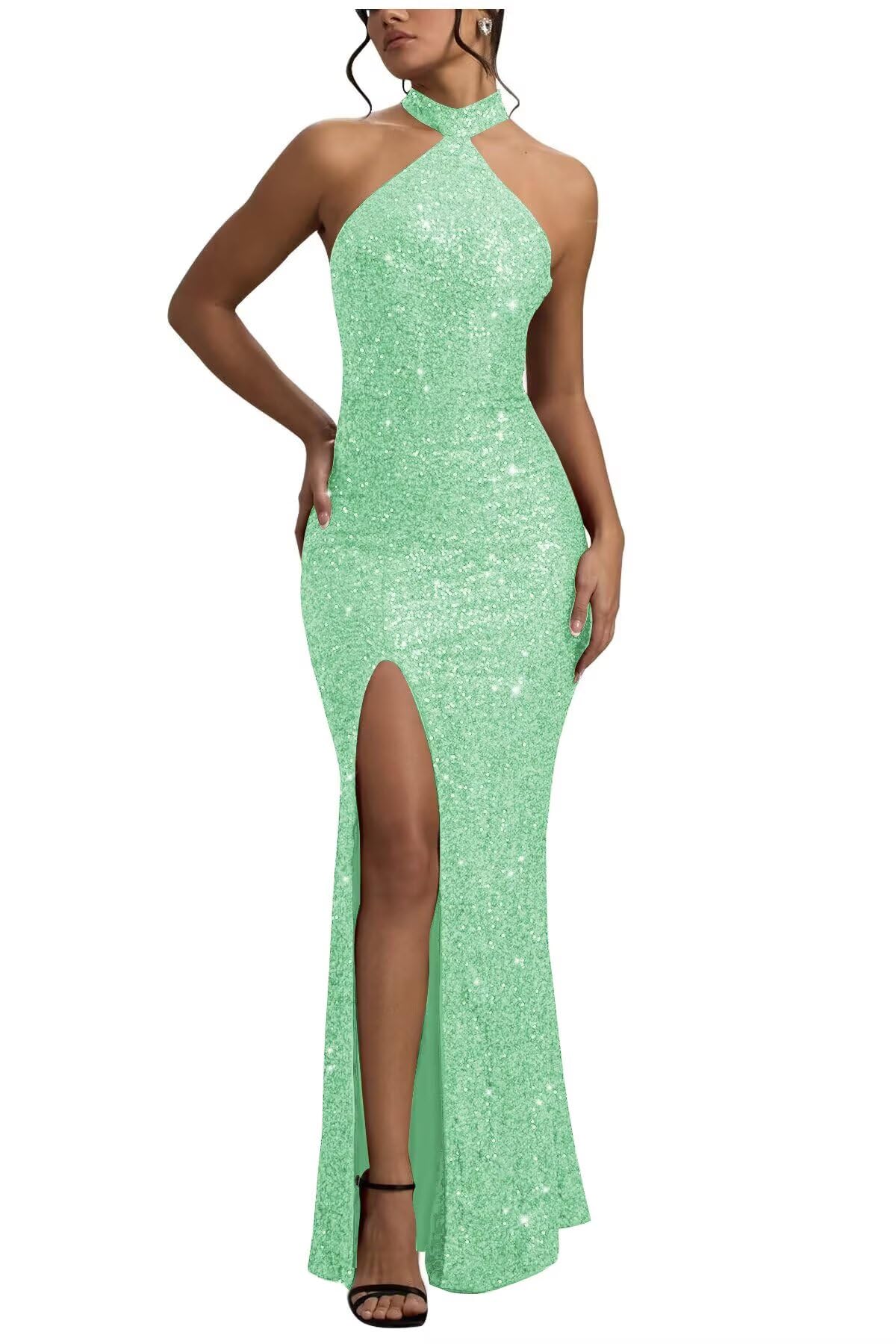Sequin Mermaid Prom Dresses for Women Long Sparkly Halter-Neck Tight Backless Formal Evening Party Gowns with Slit