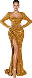 Mermaid Sequin Prom Dresses for Women 2026 Long Sleeve Ruched Formal Dress with Slit Sparkly Evening Party Gowns